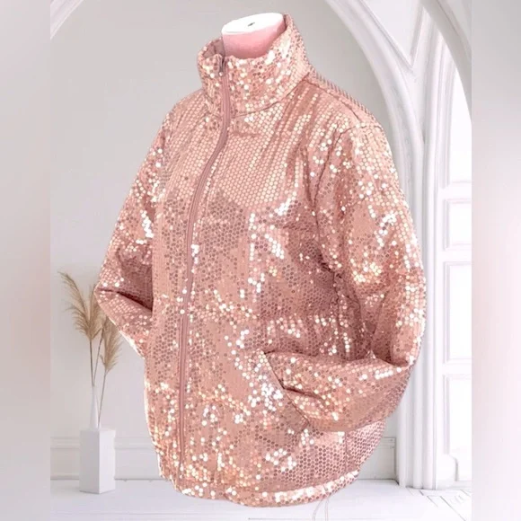 Grace + Emma All Over Sequence Puffer Jacket Coat Rose Gold Shiny Sparkly Med